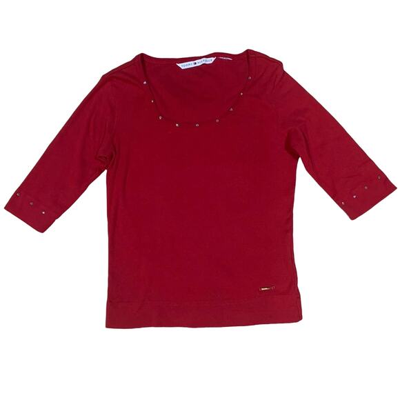 Tommy Hilfiger Tee Size M Vintage 90s y2k Red Cotton Rhinestone - Picture 1 of 10